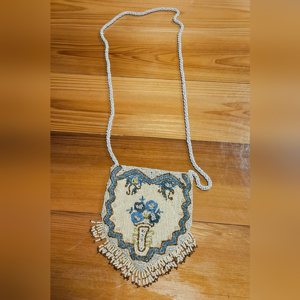 Vintage-Cream and Blue Crossbody Bag with Decorative Edges